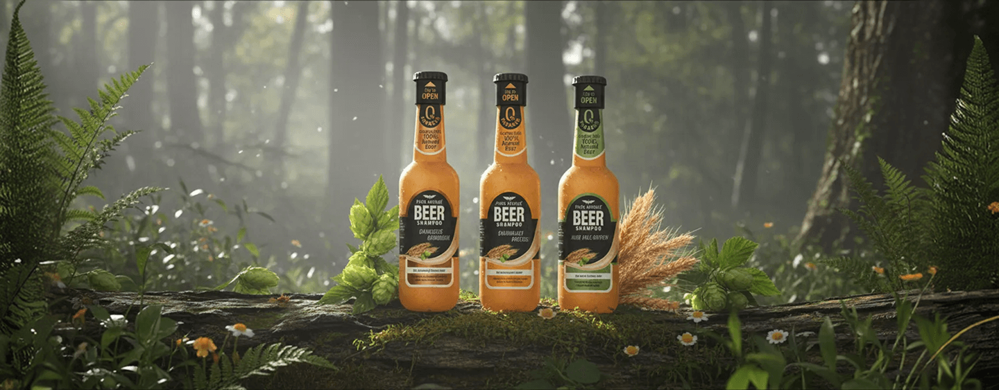 Beer shampoo branding and product design highlighting premium grooming and natural hair care appeal